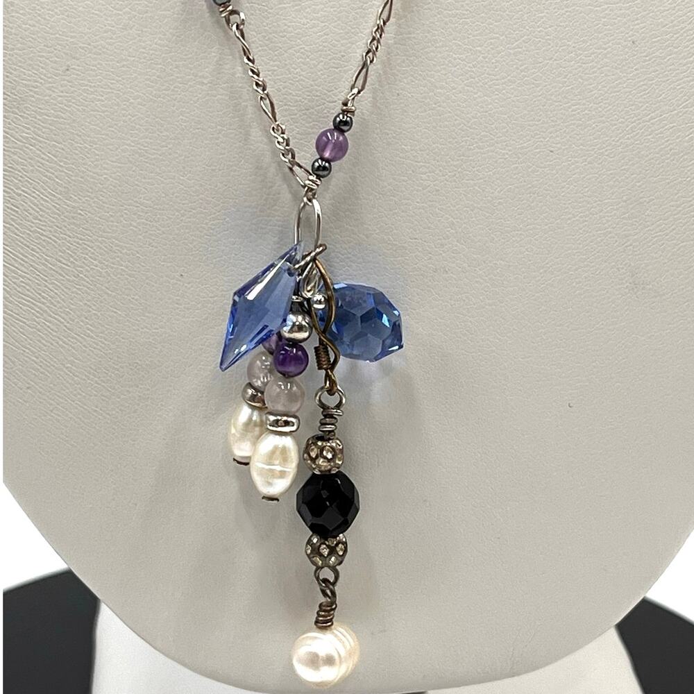 Artisan Sterling Silver Onyx Amethyst Blue Crystal Pearl Handmade Necklace
